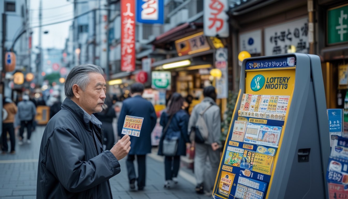 Orang-orang di jalan kota Jepang dengan seorang pria memegang tiket lotre di depan kios lotre, menunjukkan aktivitas sosial dan ekonomi terkait lotre.