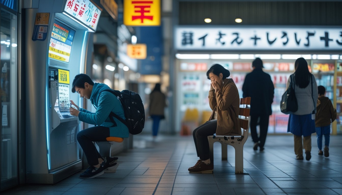 Orang-orang Jepang di lingkungan kota yang menunjukkan dampak sosial dan ekonomi aktivitas togel, dengan seorang pria muda memeriksa tiket lotere dan seorang wanita menampilkan ekspresi khawatir.