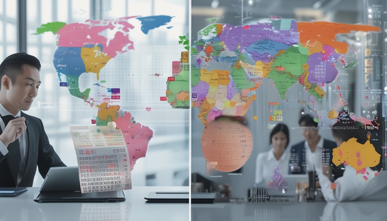 Seorang pria bisnis sedang menganalisis data lotre Jepang dan negara Asia lainnya di depan peta dunia digital yang menyoroti beberapa negara Asia.