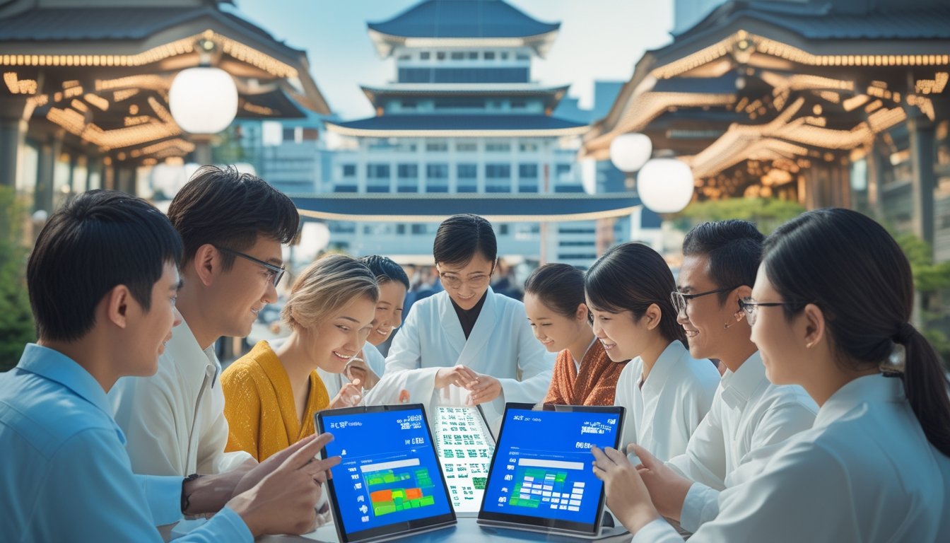 Sekelompok orang sedang membahas dan membandingkan sistem togel di Jepang dan negara Asia lain dengan latar belakang kota Jepang modern.