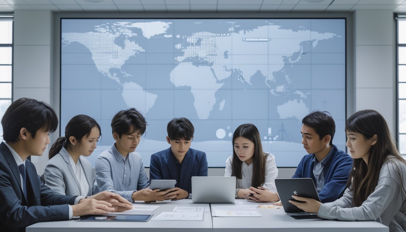 Sekelompok orang muda sedang berdiskusi dan menganalisis data di ruang belajar modern dengan latar belakang visual yang menggambarkan konektivitas online dan peta Jepang.