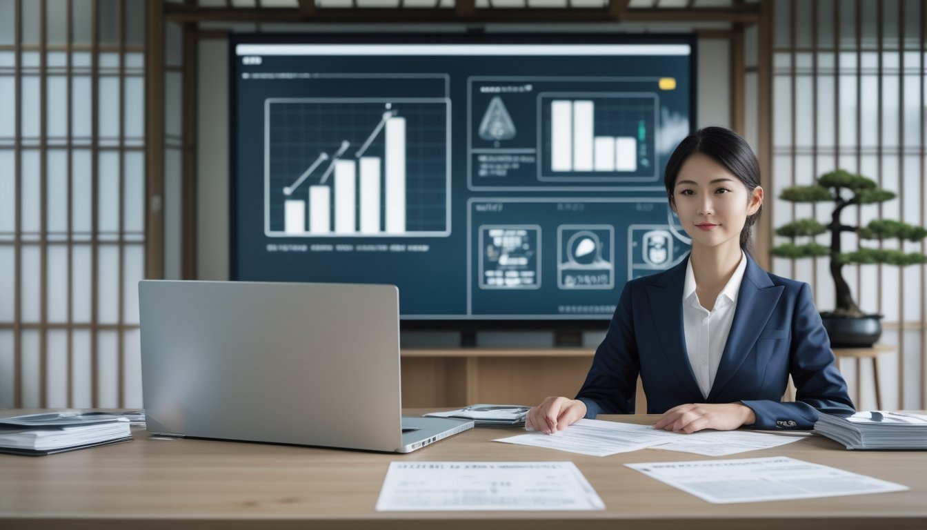 Seorang wanita bisnis Jepang duduk di meja kantor dengan laptop dan dokumen, di latar belakang layar digital menampilkan grafik dan ikon hukum, menggambarkan suasana edukasi tentang risiko togel online di Jepang.