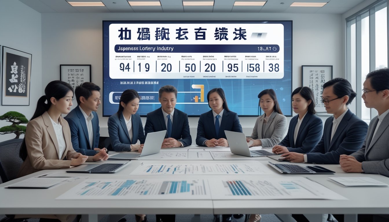 Sekelompok profesional sedang berdiskusi di ruang rapat modern dengan layar digital dan dokumen tentang industri togel Jepang secara legal.