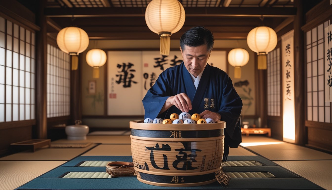 Seorang pria Jepang mengenakan pakaian tradisional sedang mengocok drum togel kayu di ruangan dengan dekorasi tradisional Jepang.