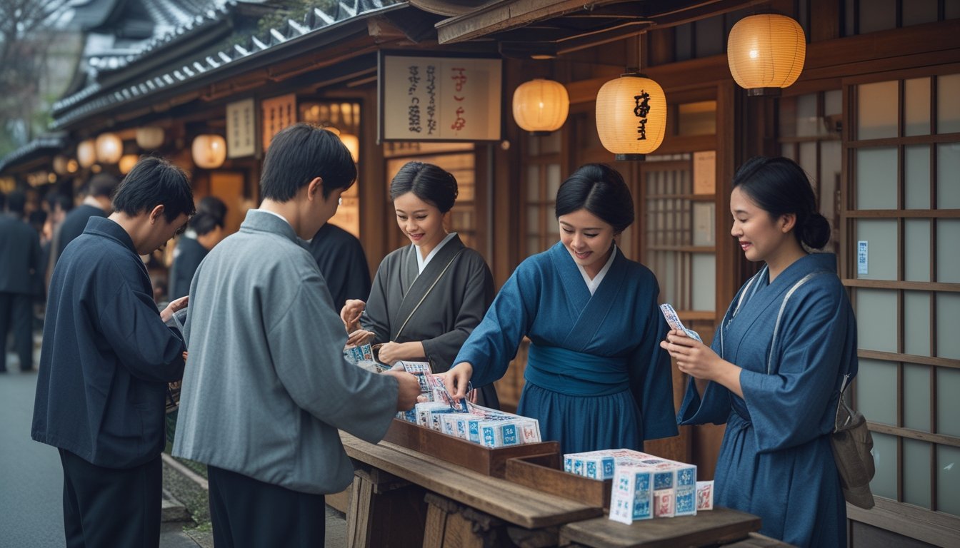 Suasana pasar tradisional Jepang dengan orang-orang yang sedang bermain togel tradisional dan berdiskusi di sekitar kios kayu.