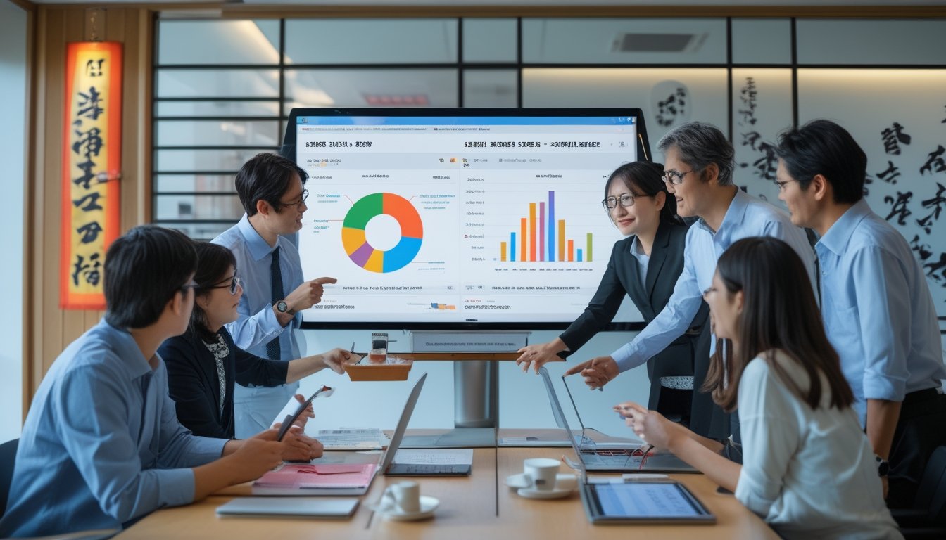 Sekelompok profesional Jepang sedang berdiskusi di kantor dengan layar besar yang menampilkan grafik dan data tentang tren togel dan dampak budaya.