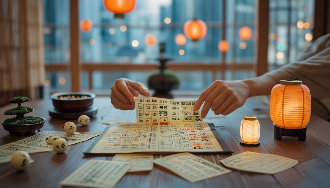 Tangan seseorang sedang memeriksa tiket lotere tradisional di atas meja kayu dengan latar belakang benda-benda budaya Jepang dan pemandangan kota Tokyo.