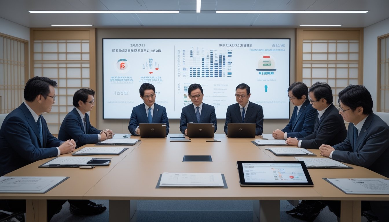 Sekelompok pejabat pemerintah Jepang sedang berdiskusi serius di ruang rapat modern dengan dokumen dan perangkat digital terkait regulasi perjudian.
