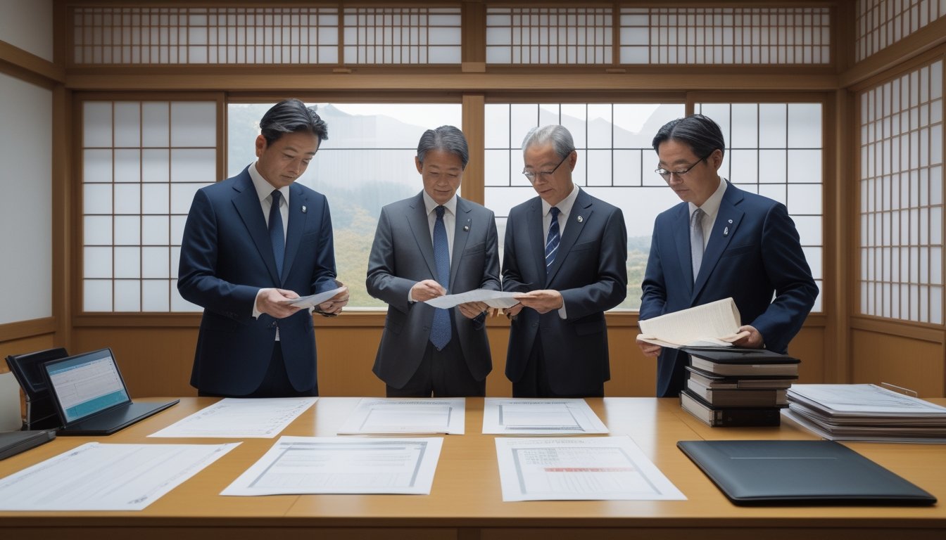 Suasana kantor pemerintah Jepang dengan pejabat sedang berdiskusi dan meninjau dokumen terkait regulasi judi dan togel.