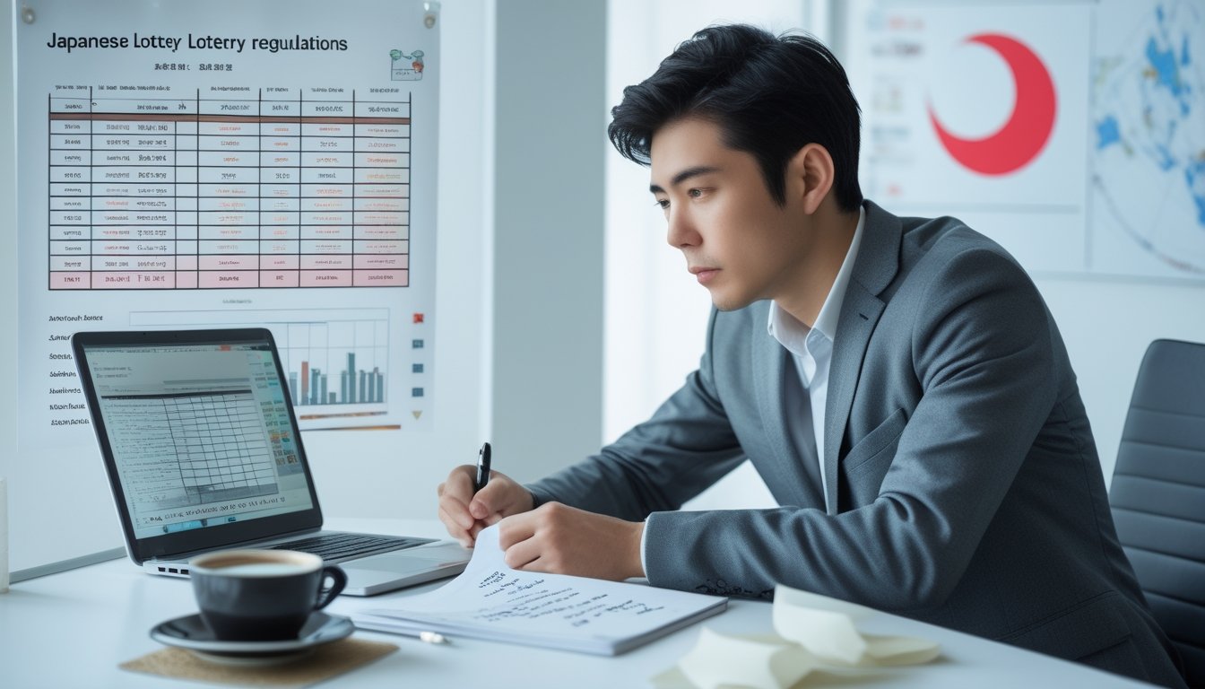 Seorang pria muda Asia sedang duduk di meja kantor modern, memeriksa dokumen dan catatan dengan latar belakang simbol Jepang.