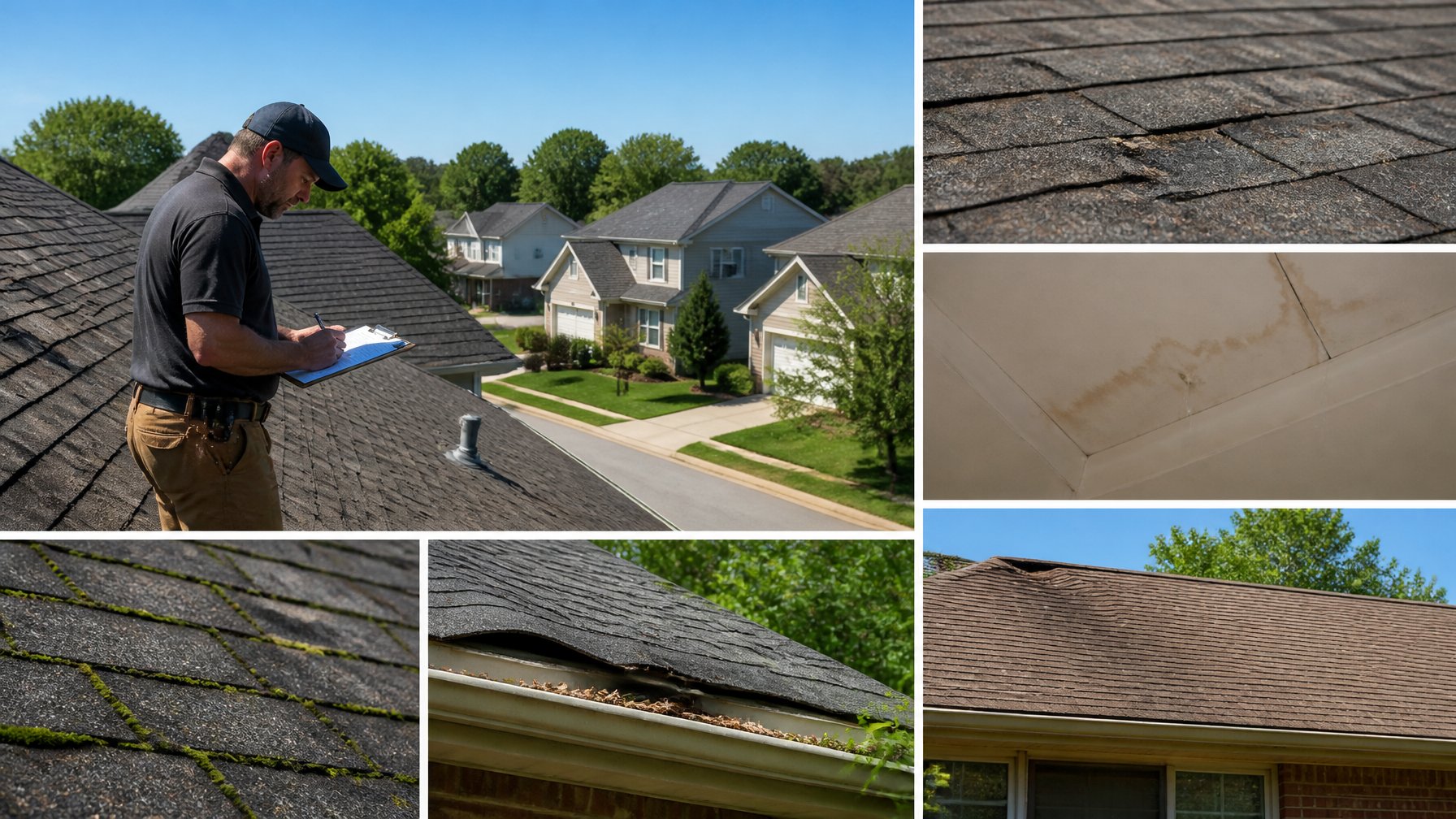 A roofer inspecting small roof problems like cracked shingles and minor leaks on houses in a sunny suburban neighborhood.