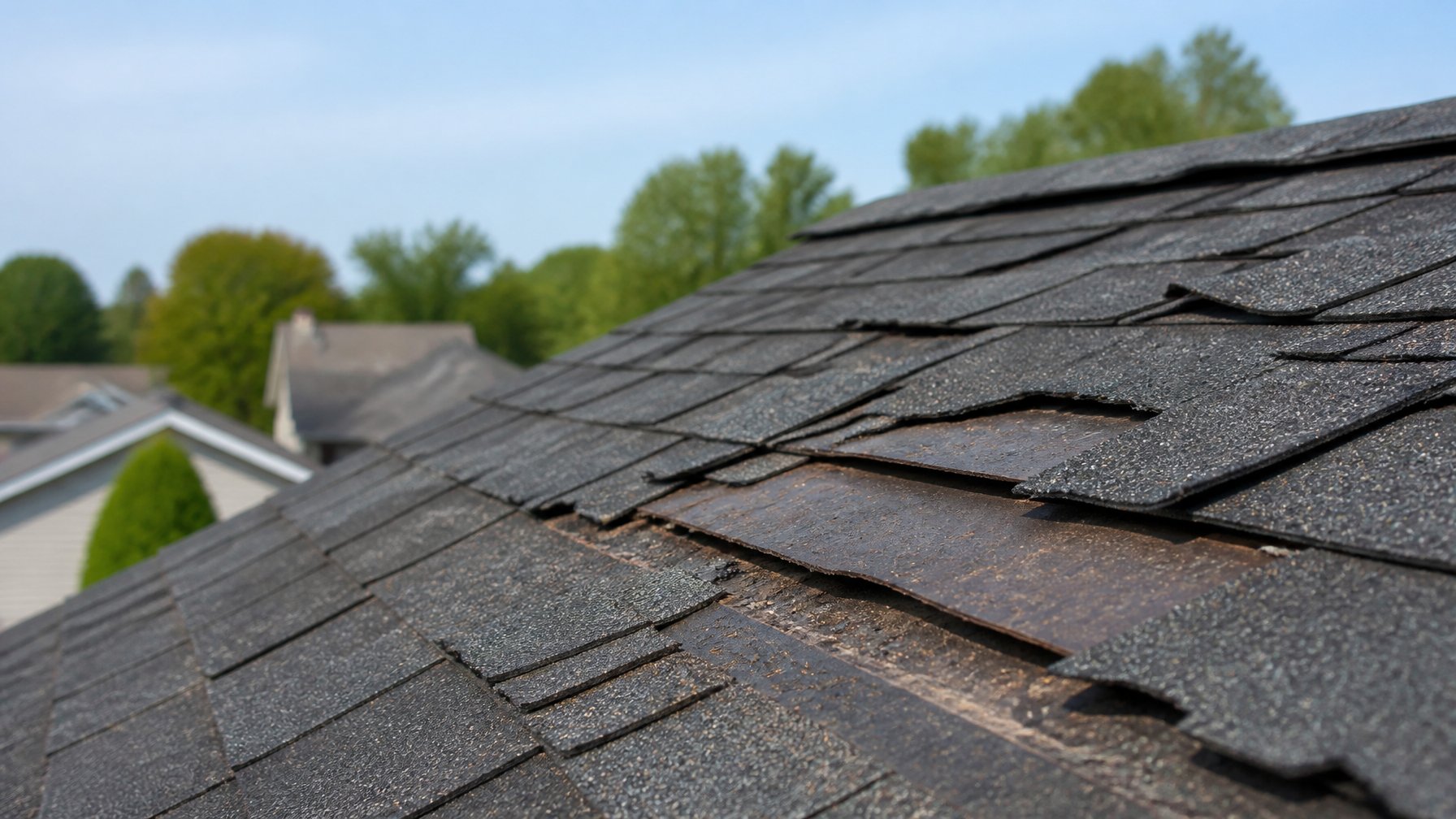 Close-up of a house roof with missing and damaged shingles in a suburban neighborhood.