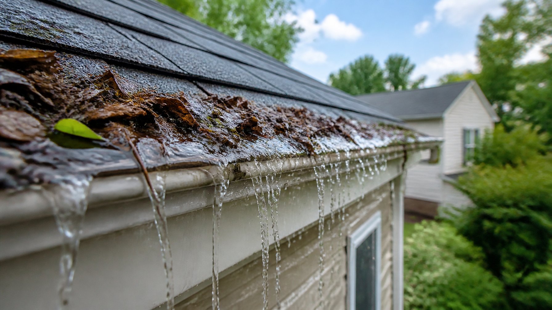 Close-up of clogged gutters filled with leaves and debris causing water to overflow from a residential roof.