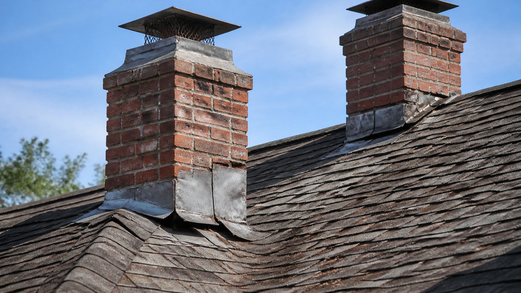 Close-up of a residential roof with chimneys showing gaps around the metal flashing.