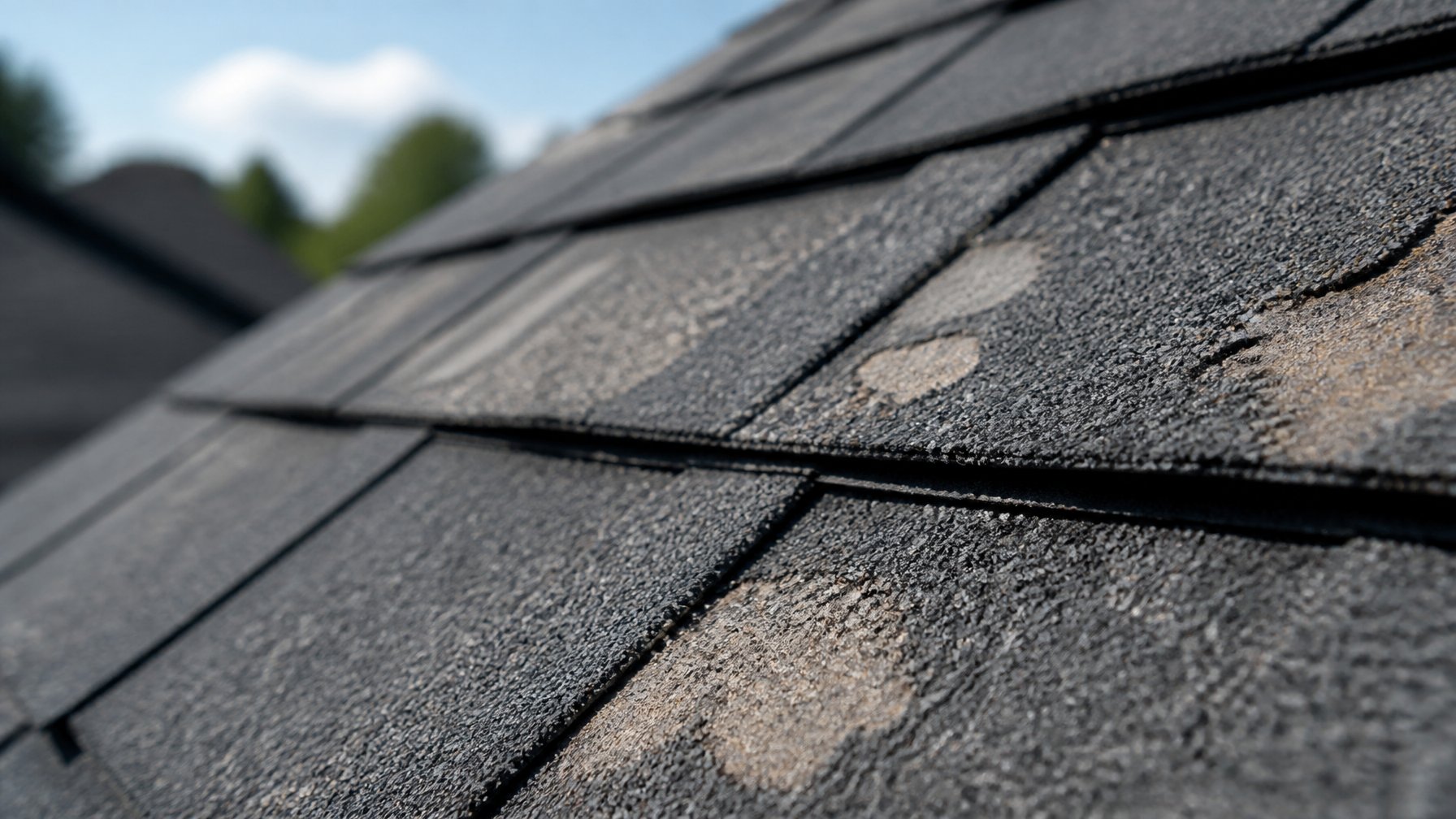 Close-up view of asphalt roof shingles showing worn areas with missing granules.