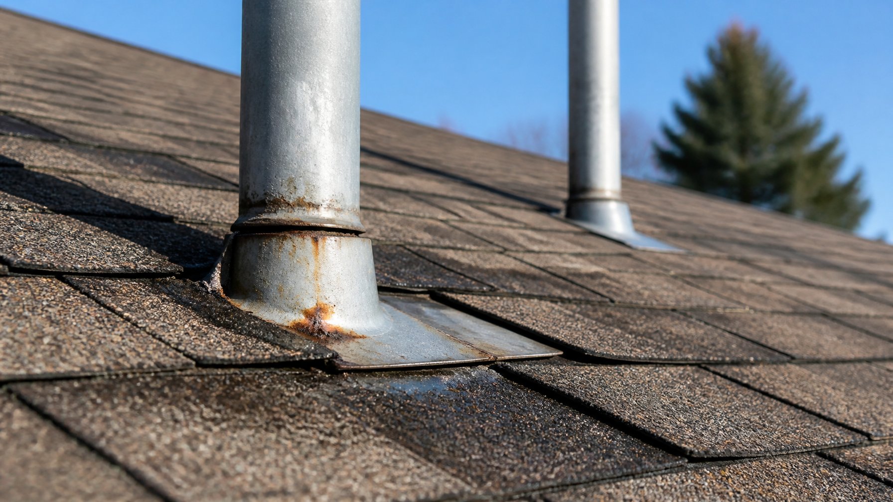 Close-up of a residential roof showing small leaks around pipes penetrating the roof surface.