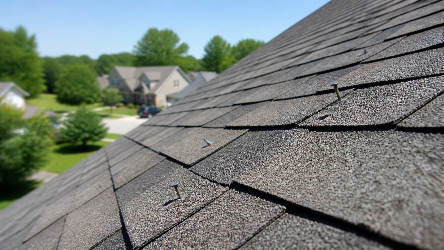 Close-up of a residential roof showing raised nails and loose fasteners on asphalt shingles under a clear sky.