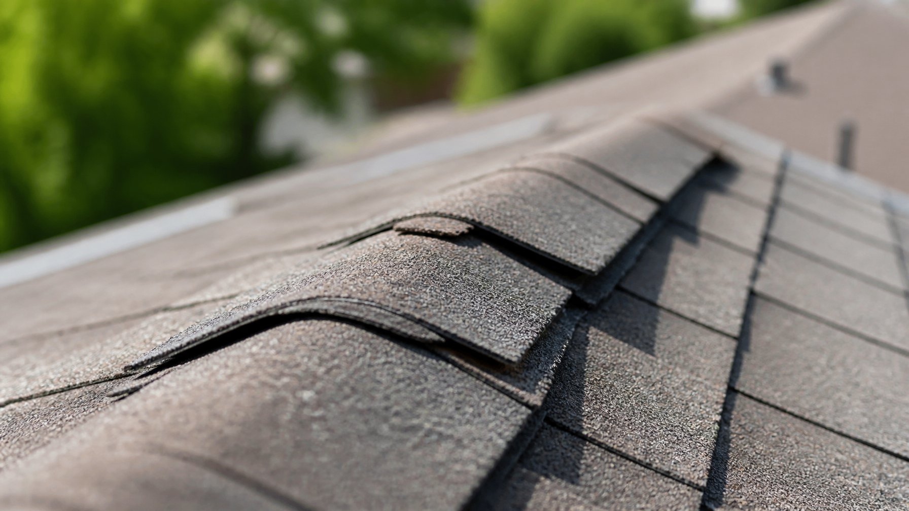 Close-up of a roof ridge with loose and cracked ridge cap shingles.