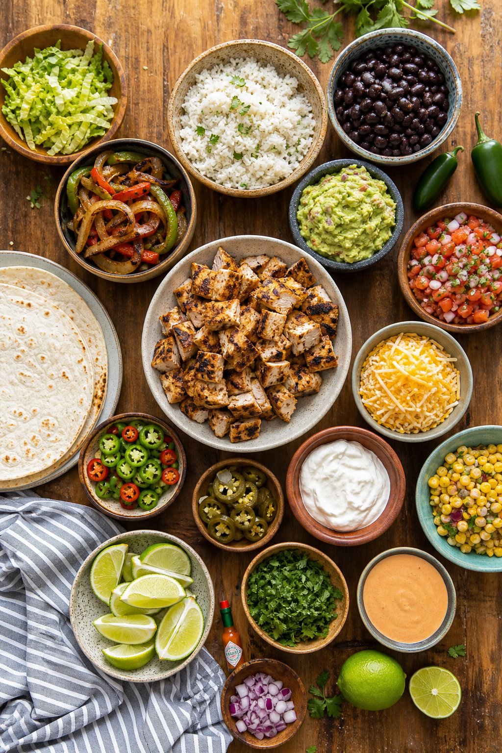 18 Chipotle Copycat Recipes That Taste Just Like the Restaurant 2 A table with various bowls of seasoned grilled chicken, rice, beans, guacamole, pico de gallo, cheese, sour cream, and tortillas arranged for a meal.