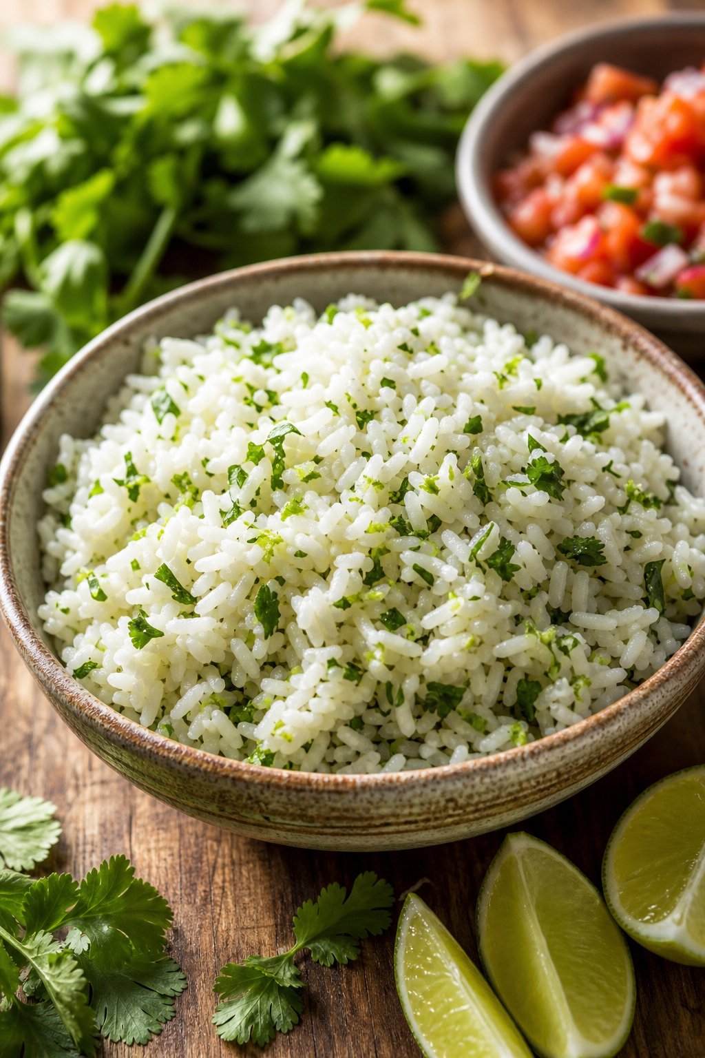 18 Chipotle Copycat Recipes That Taste Just Like the Restaurant 3 A bowl of white rice mixed with chopped cilantro and lime zest on a wooden table with lime wedges and cilantro sprigs nearby.