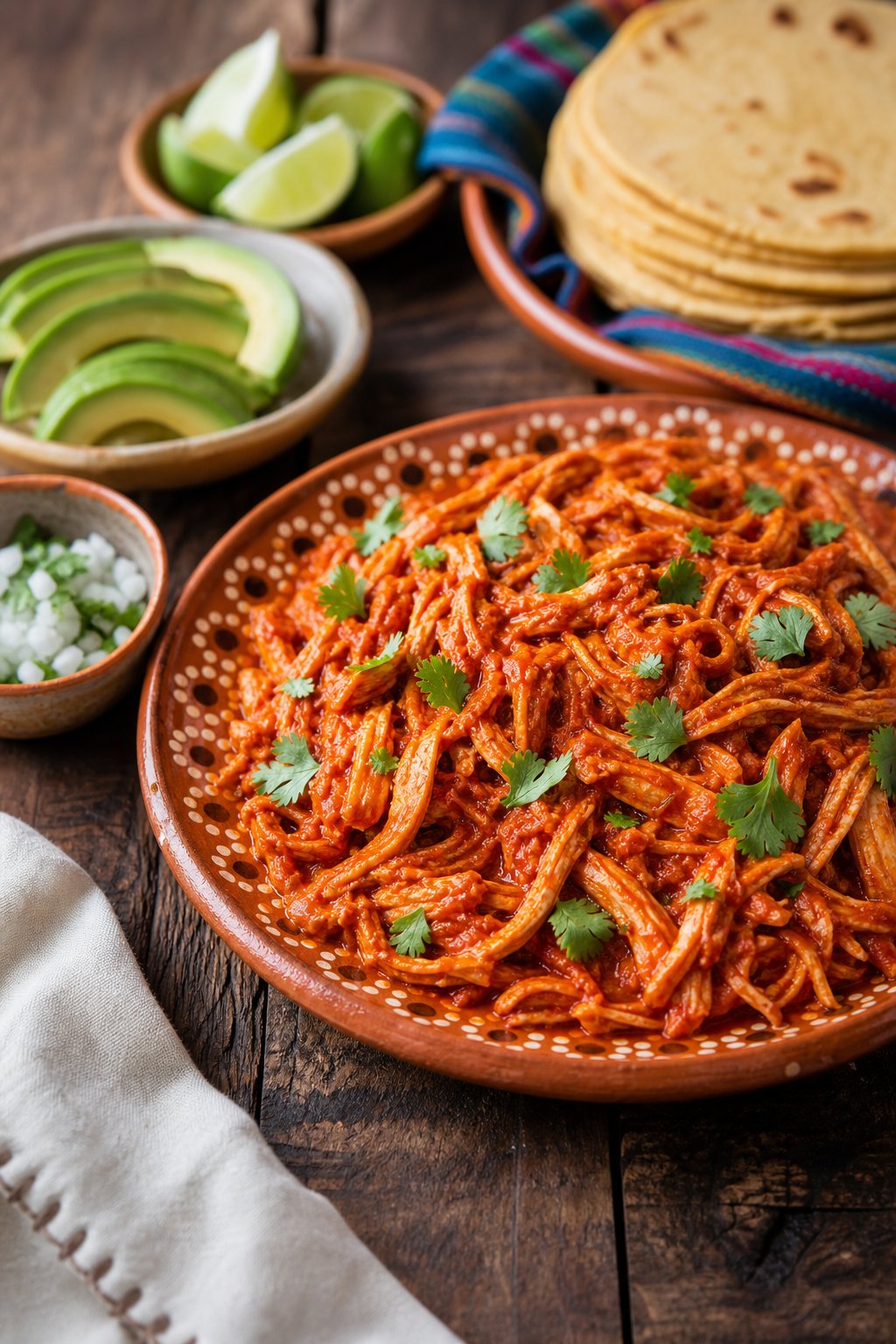 18 Chipotle Copycat Recipes That Taste Just Like the Restaurant 4 A plate of smoky shredded chicken in red sauce garnished with cilantro, served with avocado slices, lime wedges, onions, and corn tortillas on a wooden table.