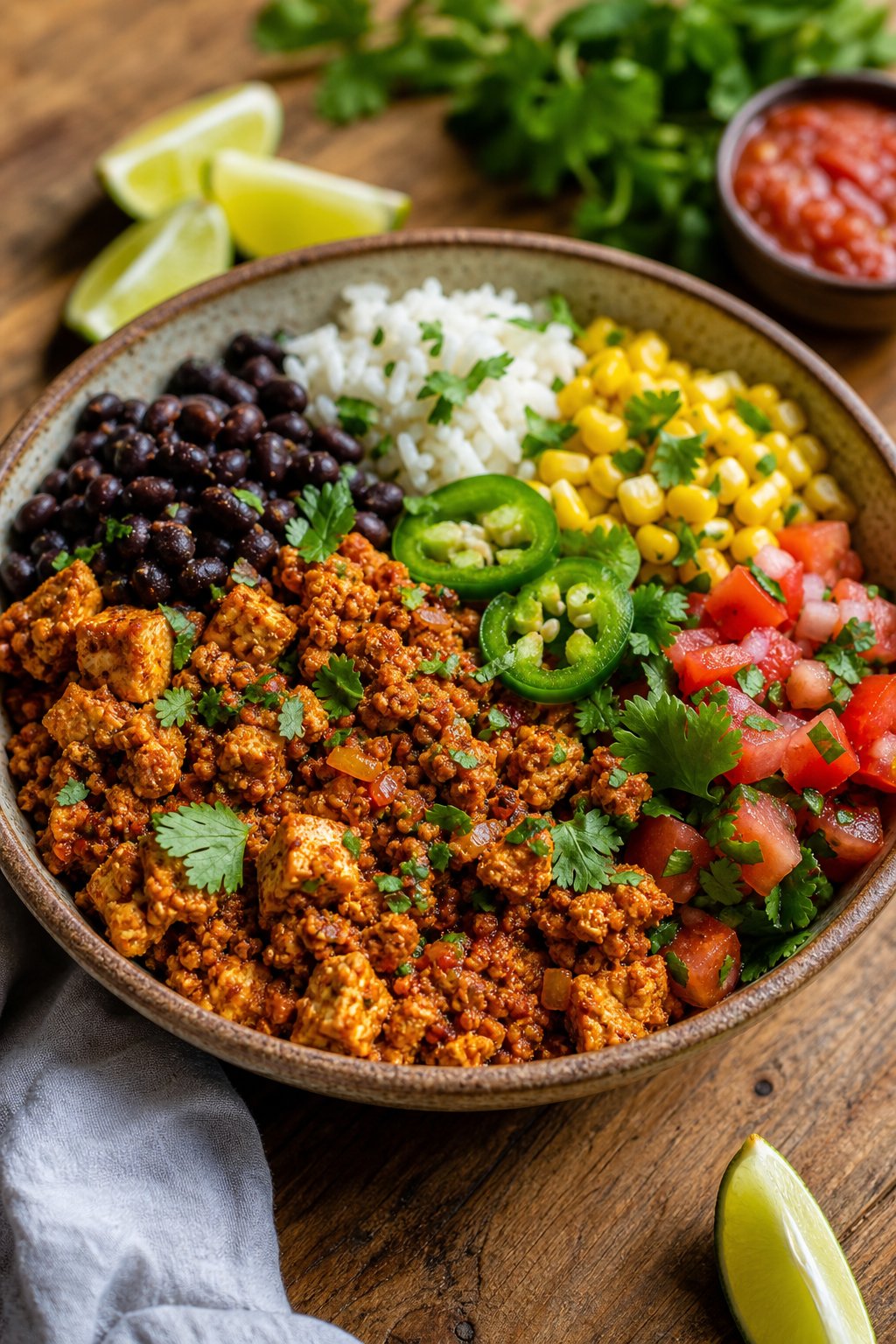 18 Chipotle Copycat Recipes That Taste Just Like the Restaurant 5 A bowl of seasoned crumbled tofu with rice, beans, corn, and fresh vegetables on a wooden table.