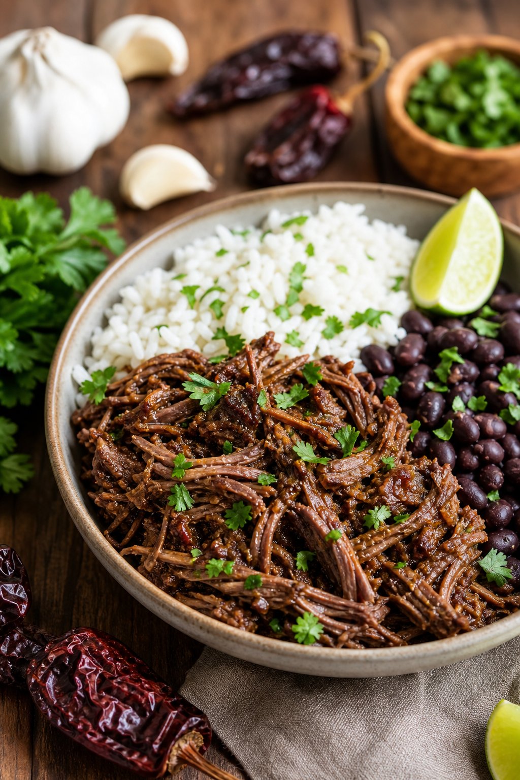 18 Chipotle Copycat Recipes That Taste Just Like the Restaurant 7 A bowl of shredded chipotle barbacoa beef served with rice, black beans, and a lime wedge on a wooden table.