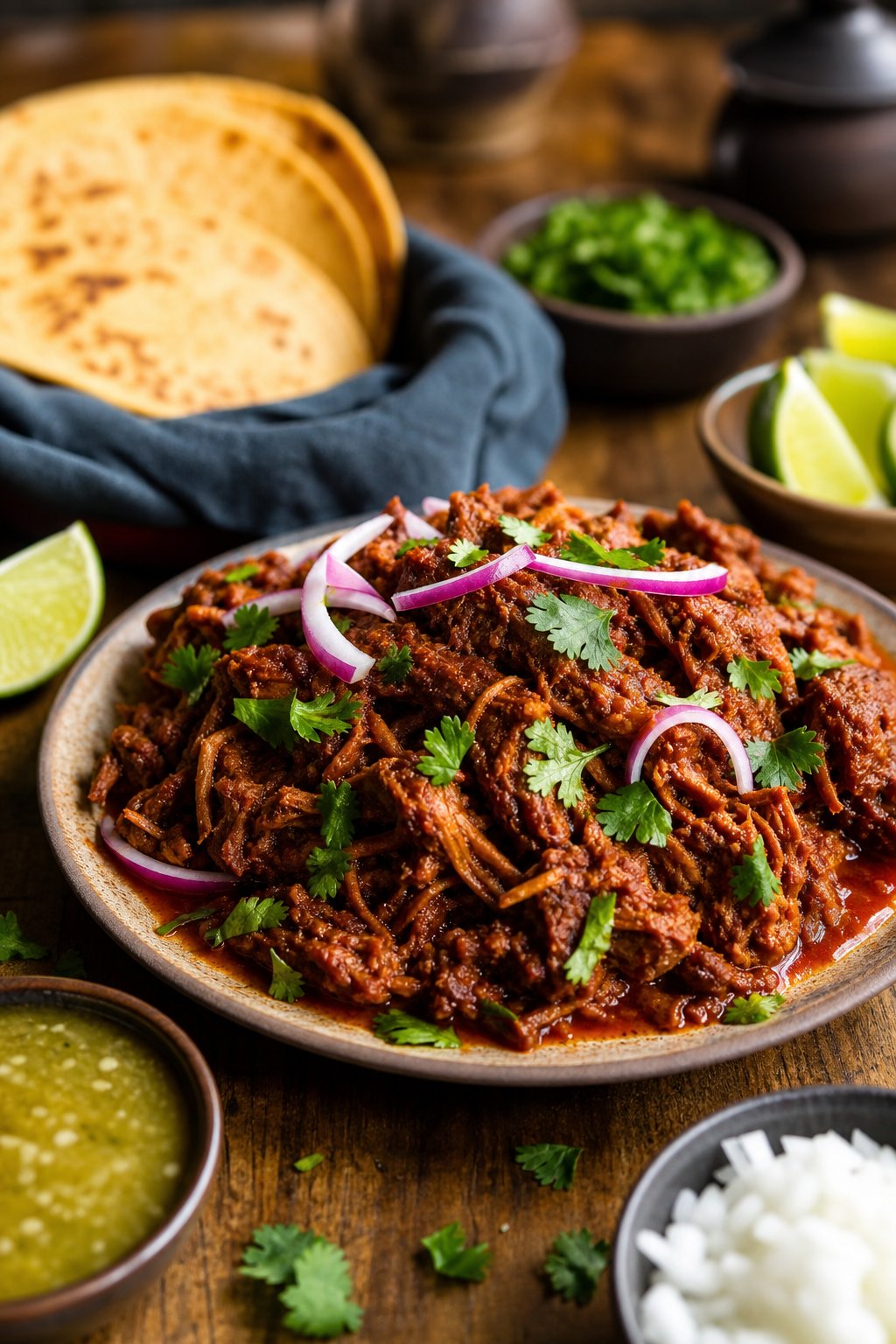 18 Chipotle Copycat Recipes That Taste Just Like the Restaurant 9 Plate of shredded guajillo steak carnitas garnished with cilantro and onions, with tortillas, salsa, and lime wedges on a wooden table.