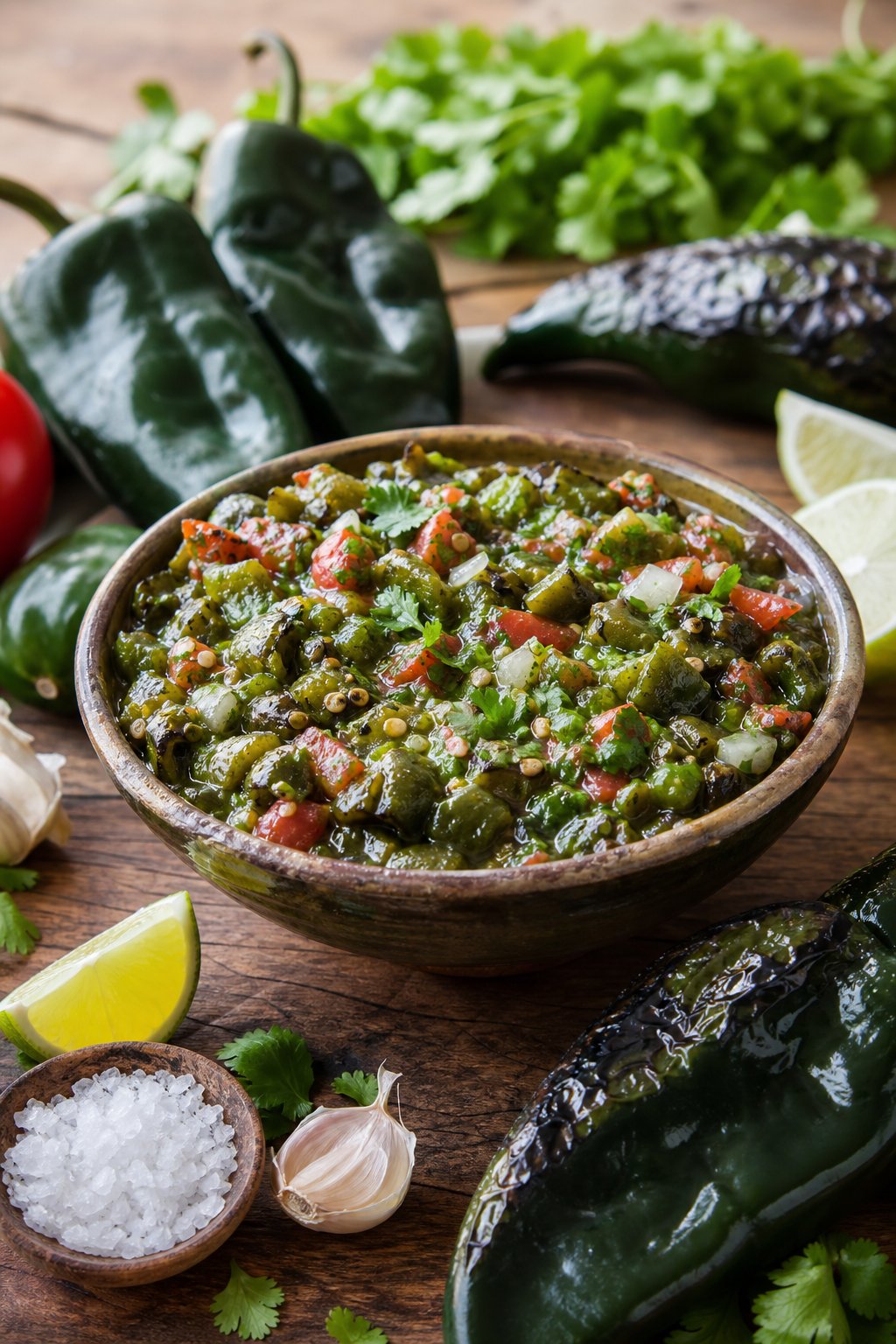 18 Chipotle Copycat Recipes That Taste Just Like the Restaurant 10 A bowl of charred poblano pepper salsa on a wooden table surrounded by fresh poblano peppers, lime wedges, garlic, and sea salt.
