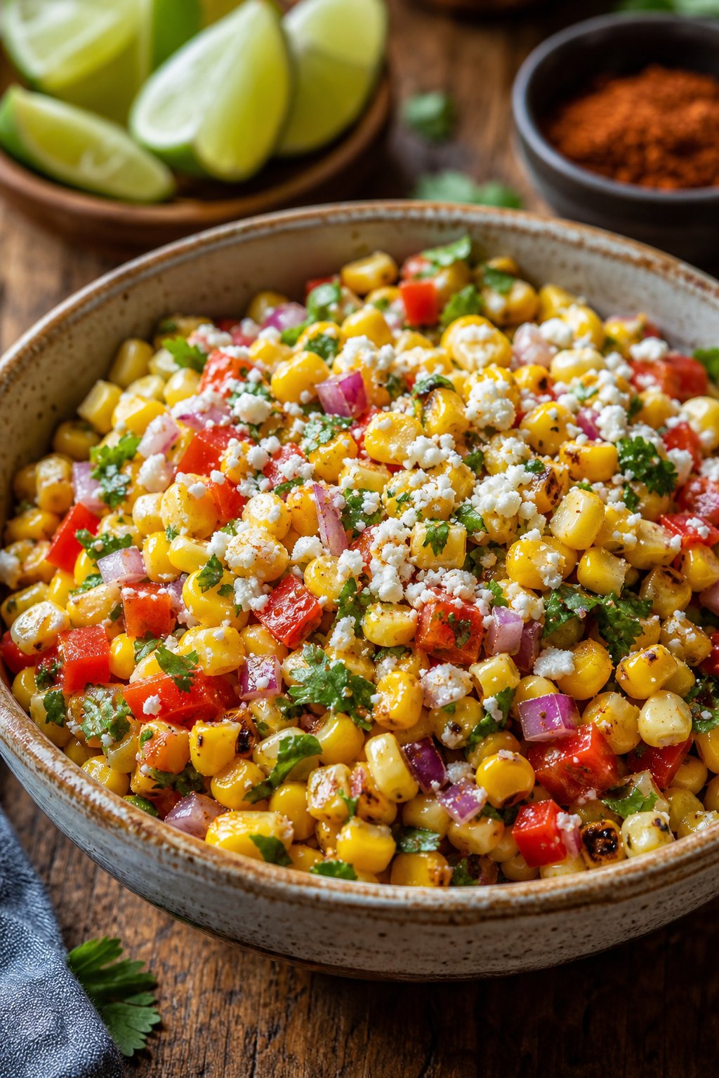 18 Chipotle Copycat Recipes That Taste Just Like the Restaurant 11 A bowl of colorful corn salsa with grilled corn, red onions, cilantro, red peppers, and cheese on a wooden table with lime wedges nearby.