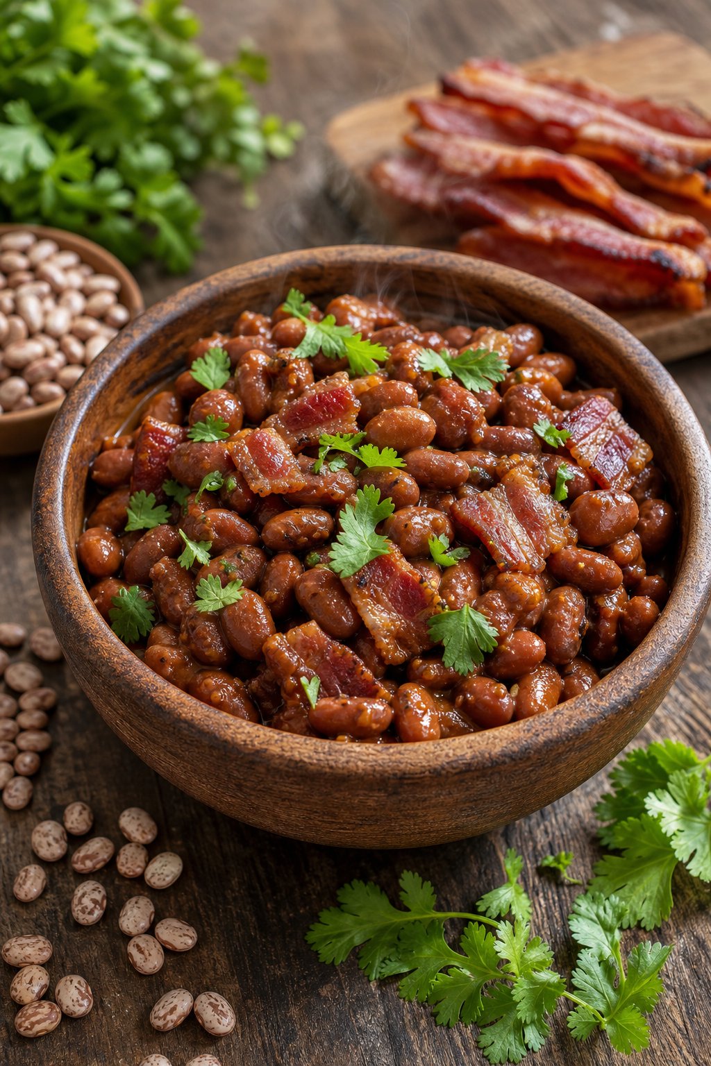 18 Chipotle Copycat Recipes That Taste Just Like the Restaurant 12 A bowl of warm pinto beans cooked with bacon on a wooden table, surrounded by fresh ingredients.