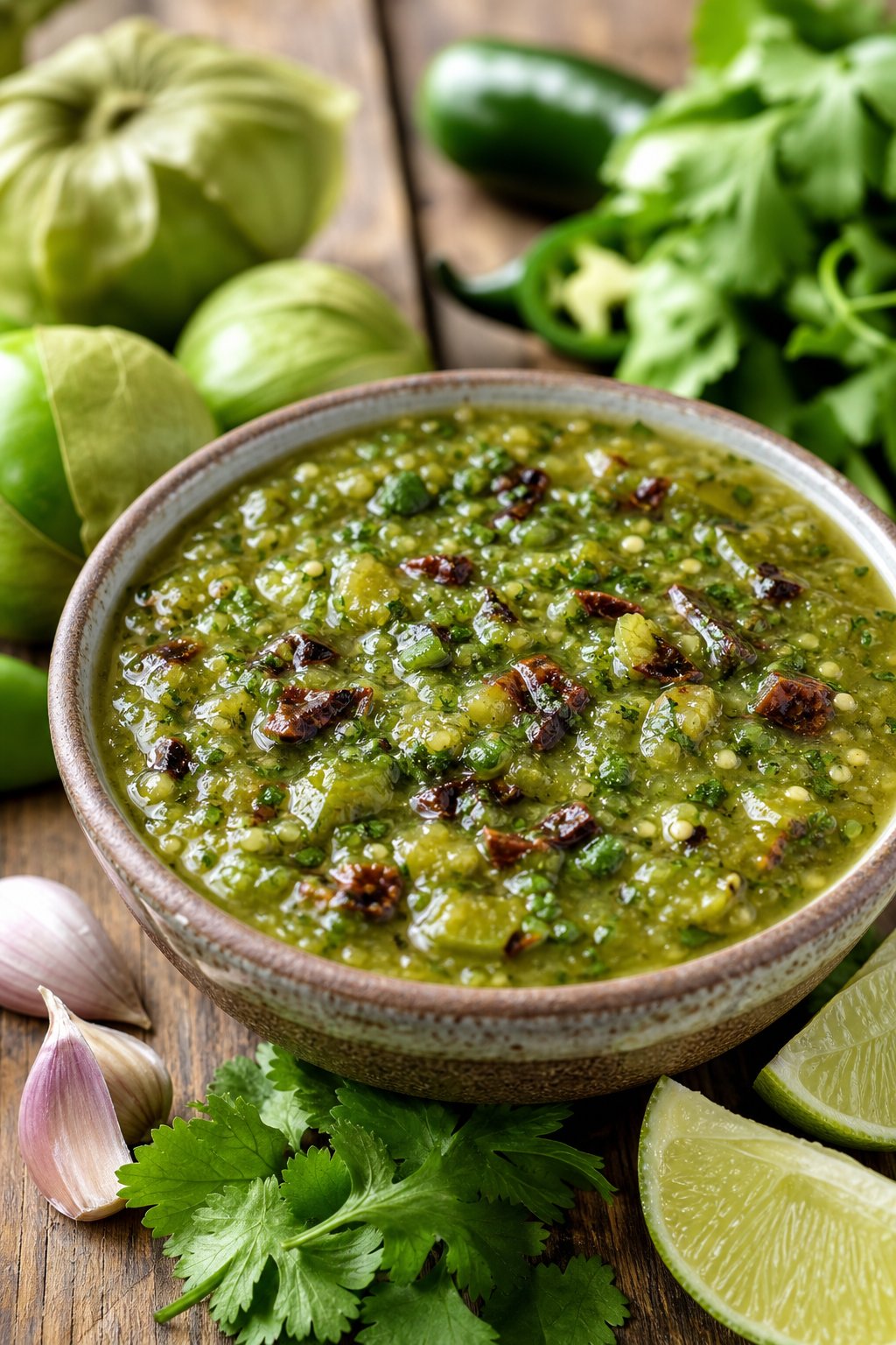 18 Chipotle Copycat Recipes That Taste Just Like the Restaurant 13 A bowl of green salsa verde surrounded by fresh tomatillos, lime wedges, garlic, and cilantro on a wooden surface.