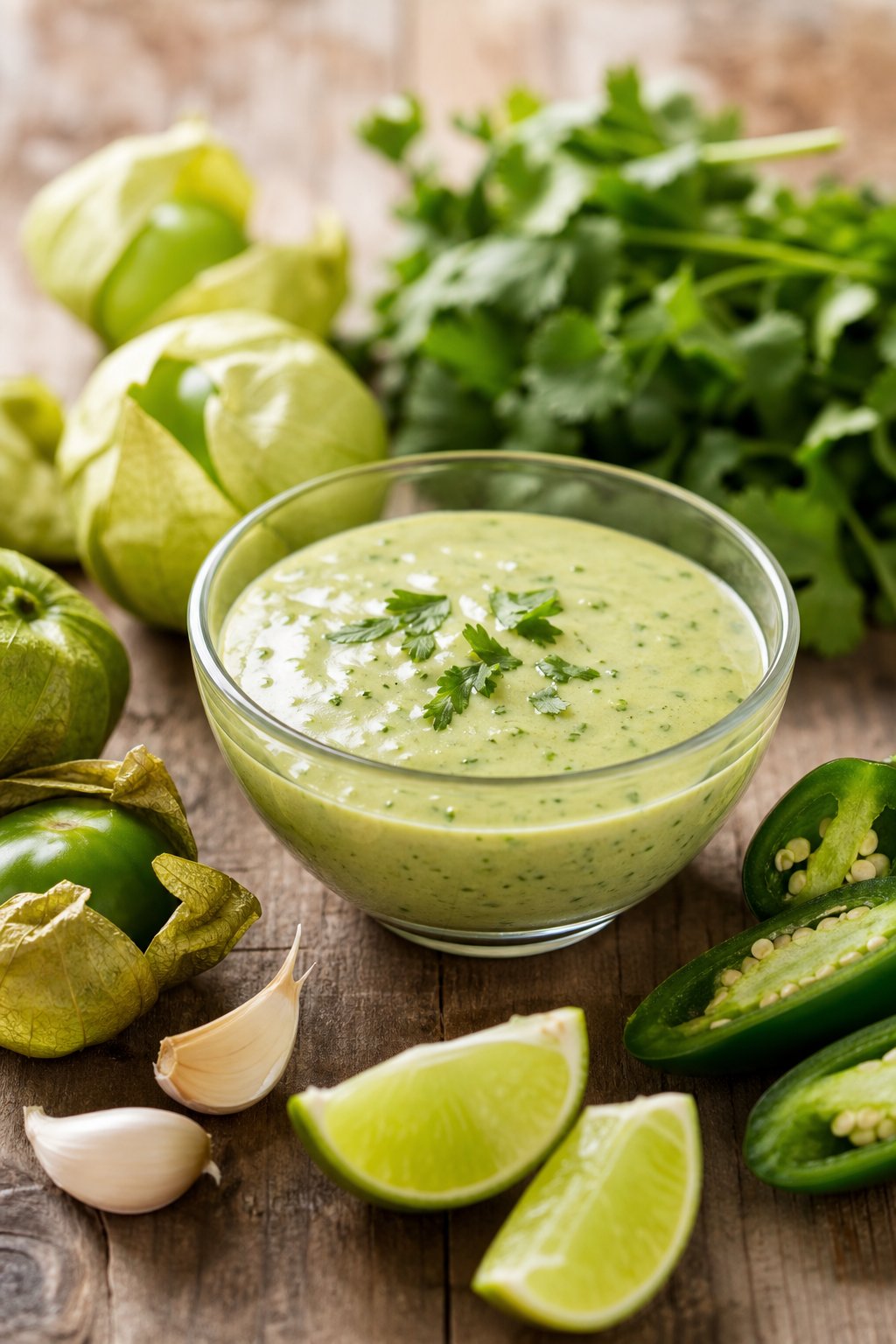 18 Chipotle Copycat Recipes That Taste Just Like the Restaurant 14 A bowl of creamy green tomatillo dressing surrounded by fresh tomatillos, jalapeños, garlic, lime wedges, and cilantro on a wooden table.