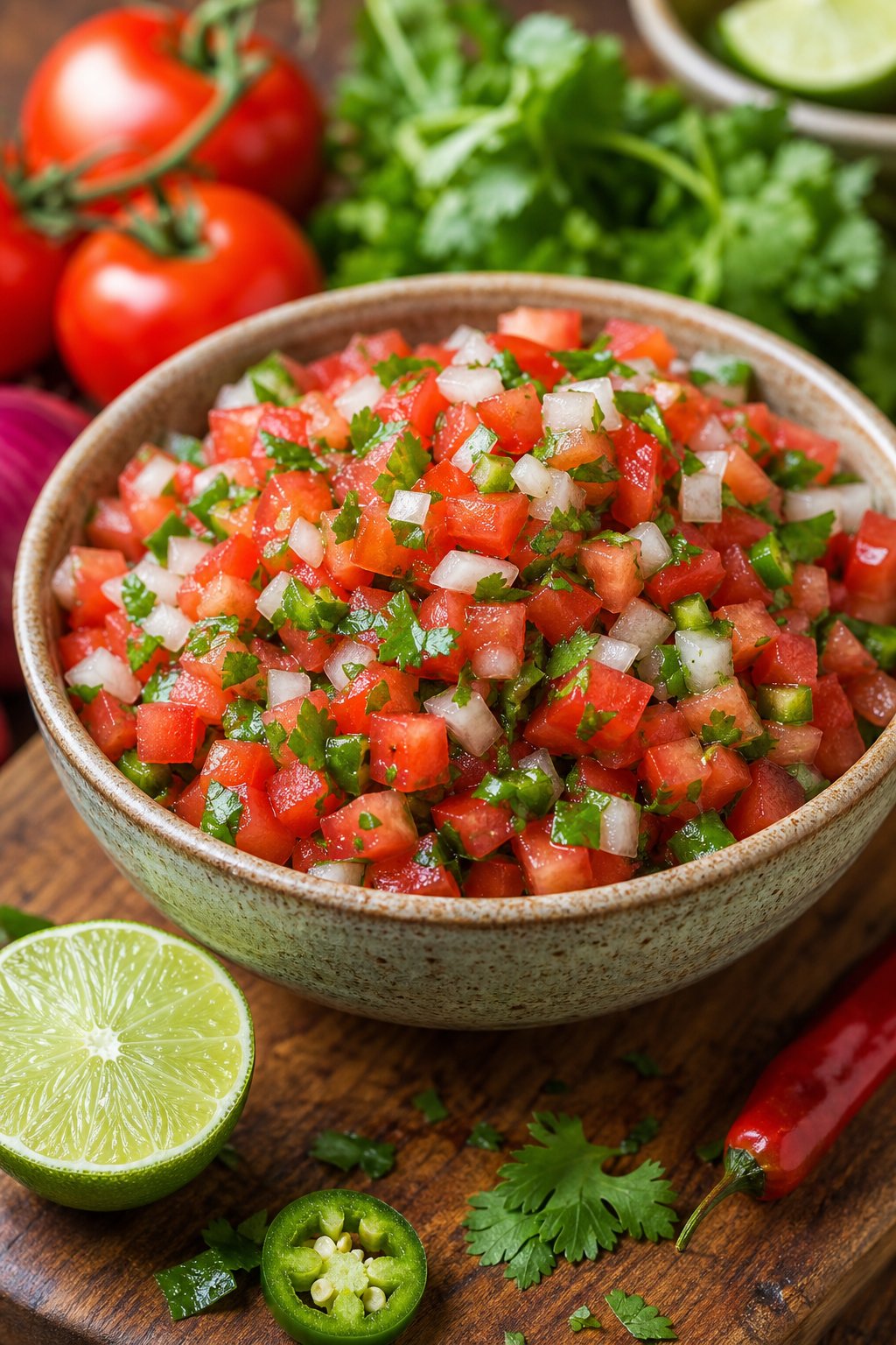 18 Chipotle Copycat Recipes That Taste Just Like the Restaurant 15 Close-up of a bowl of fresh pico de gallo salsa with tomatoes, onions, cilantro, and jalapeños on a wooden table surrounded by fresh ingredients.