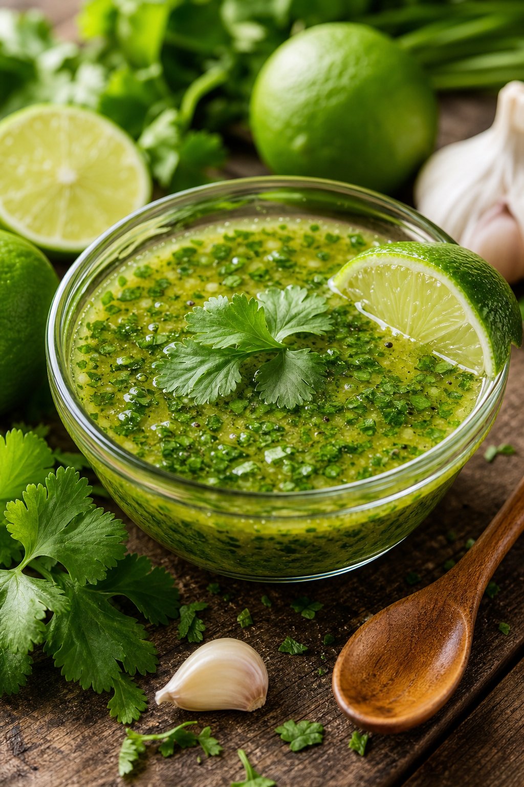18 Chipotle Copycat Recipes That Taste Just Like the Restaurant 16 A bowl of green cilantro-lime vinaigrette surrounded by fresh cilantro, limes, and garlic on a wooden table.