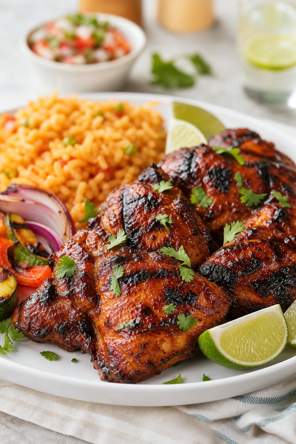 18 Chipotle Copycat Recipes That Taste Just Like the Restaurant 17 A plate of grilled adobo-marinated chicken served with rice, grilled vegetables, lime wedges, and fresh herbs.