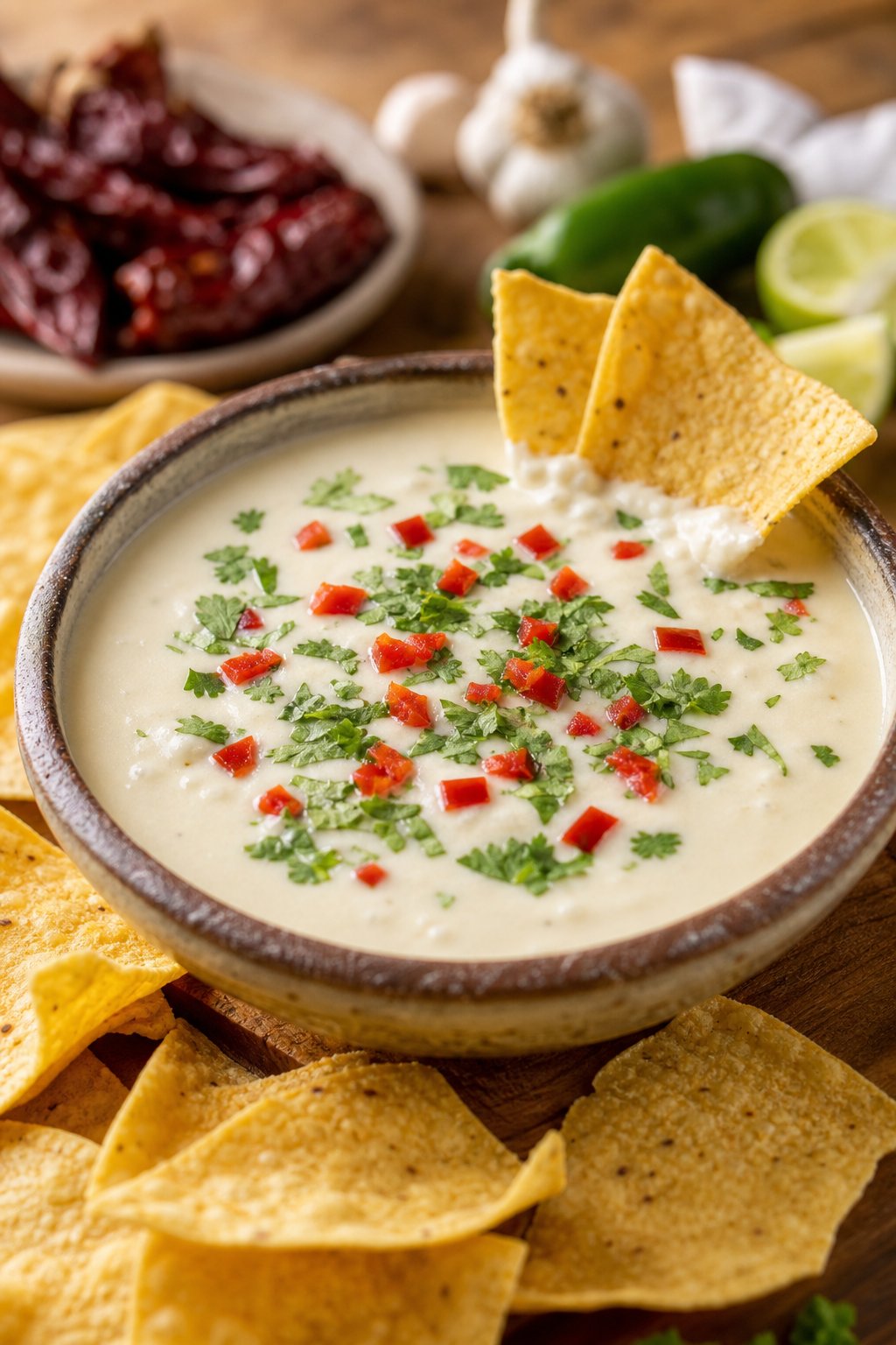 18 Chipotle Copycat Recipes That Taste Just Like the Restaurant 18 A bowl of creamy white queso blanco dip garnished with cilantro and red chili pieces, surrounded by tortilla chips on a wooden surface.