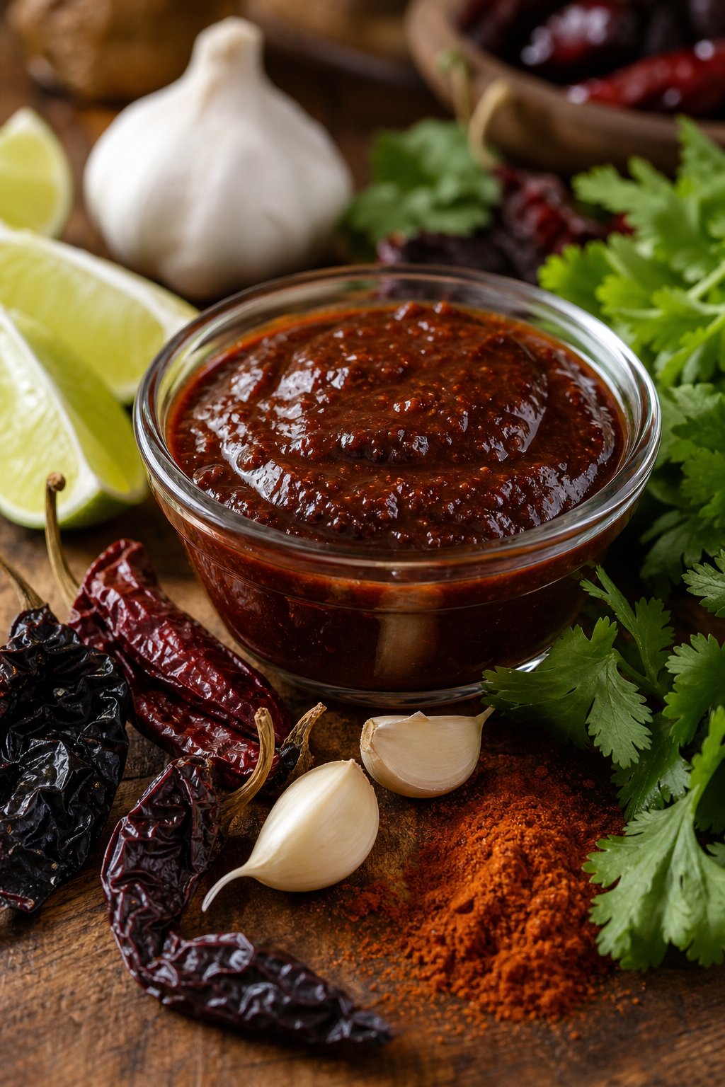 18 Chipotle Copycat Recipes That Taste Just Like the Restaurant 19 A bowl of chipotle barbecue sauce surrounded by chipotle peppers, garlic, cilantro, lime wedges, and paprika on a wooden table.