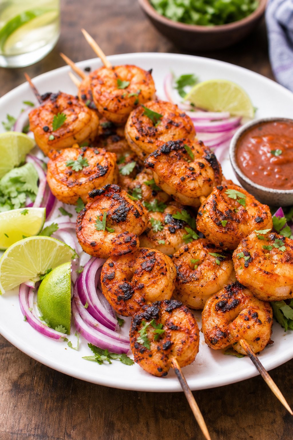 18 Chipotle Copycat Recipes That Taste Just Like the Restaurant 20 A plate of grilled chipotle-style shrimp skewers garnished with lime wedges, cilantro, and red onions on a wooden table.