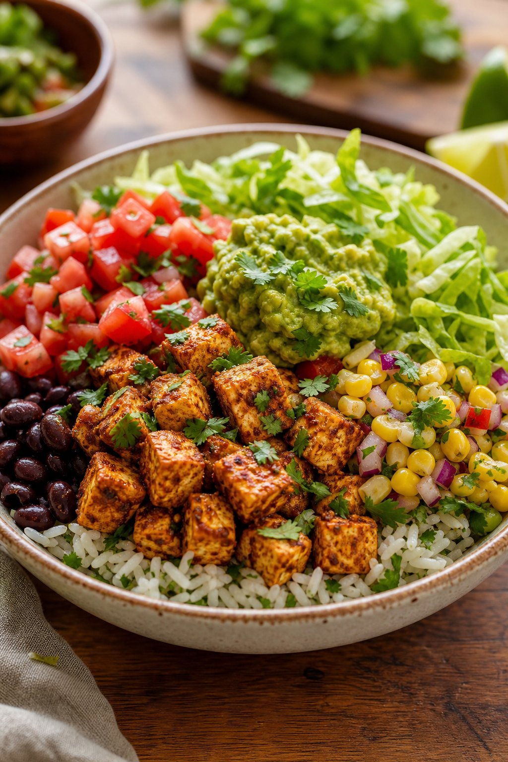 18 Chipotle Copycat Recipes That Taste Just Like the Restaurant 21 A bowl filled with sofritas tofu, rice, black beans, corn salsa, tomatoes, lettuce, and guacamole on a wooden table.