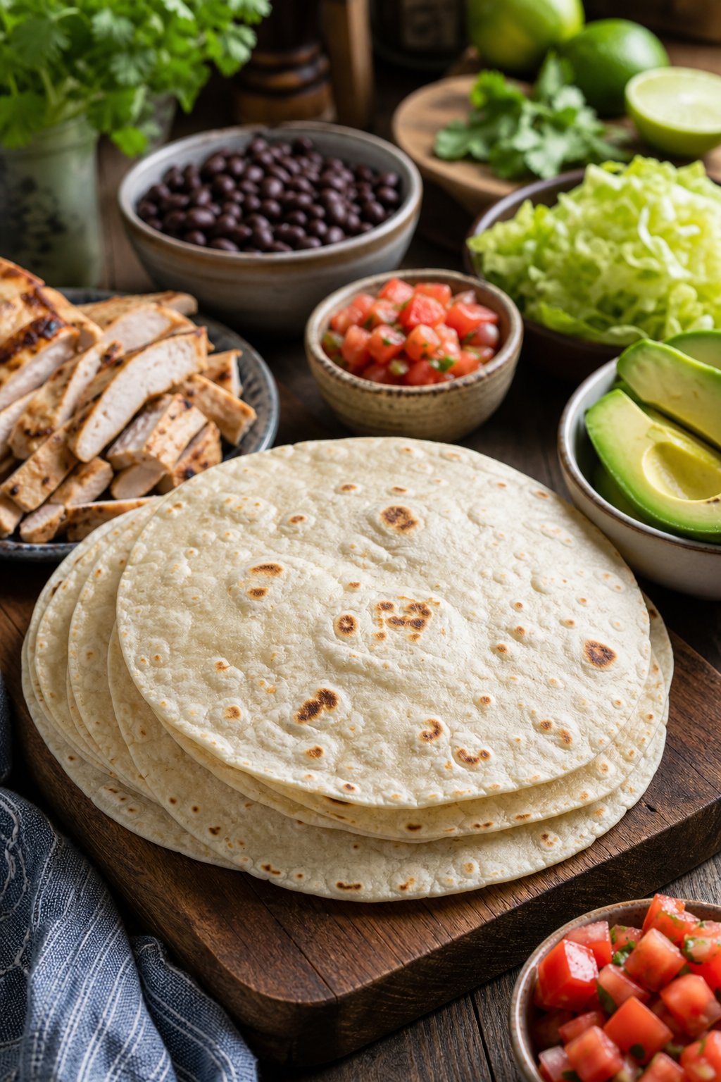 18 Chipotle Copycat Recipes That Taste Just Like the Restaurant 22 Fresh homemade flour tortillas on a wooden board with burrito ingredients like grilled chicken, beans, lettuce, tomatoes, and avocado nearby.