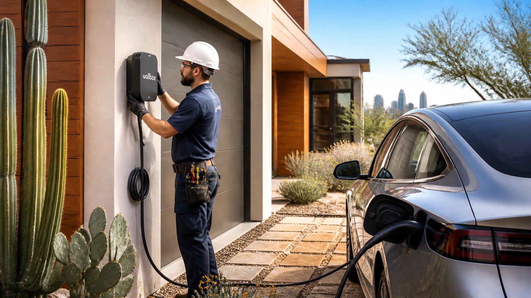 An electrician installs an electric vehicle charger on the outside wall of a modern home with a parked electric car nearby.
