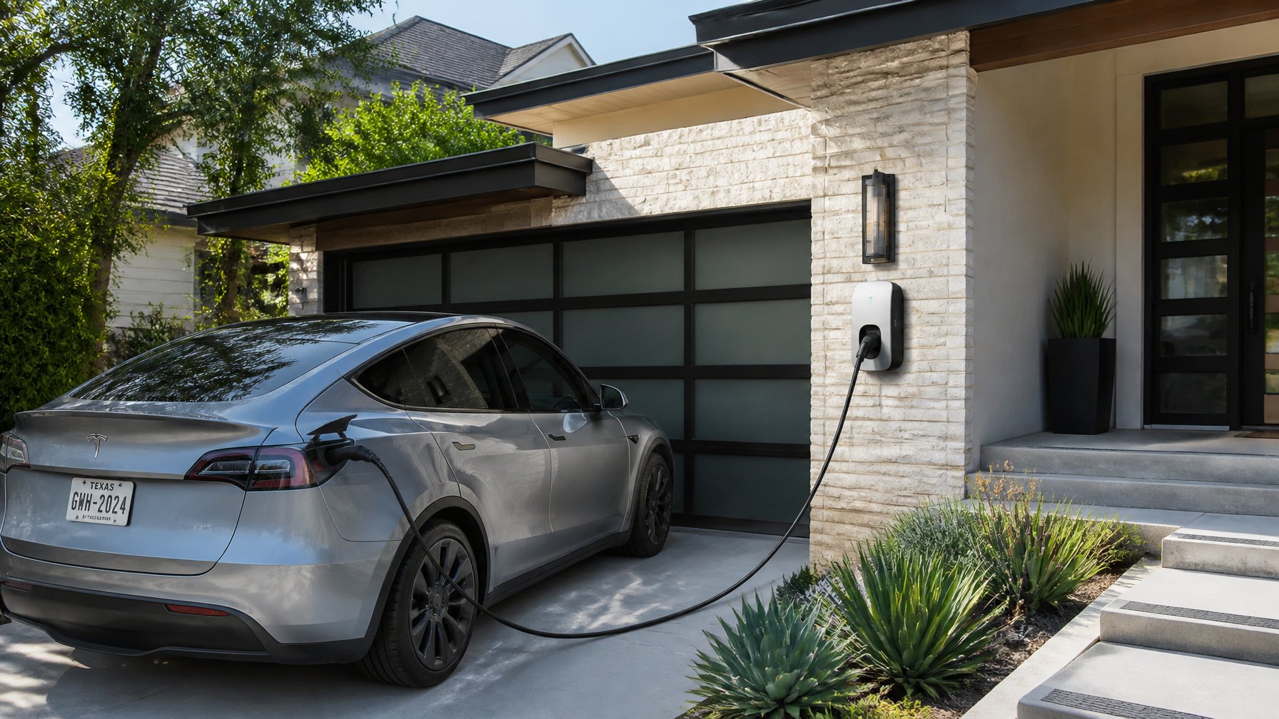 A modern suburban home in Austin with an electric vehicle connected to a Level 2 EV charger mounted on the outside wall.