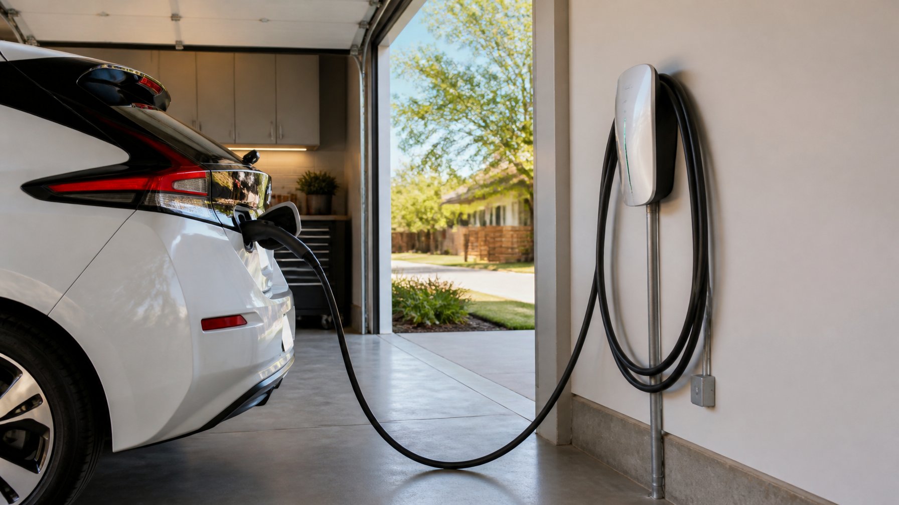 A Tesla Wall Connector charging a non-Tesla electric vehicle inside a residential garage.