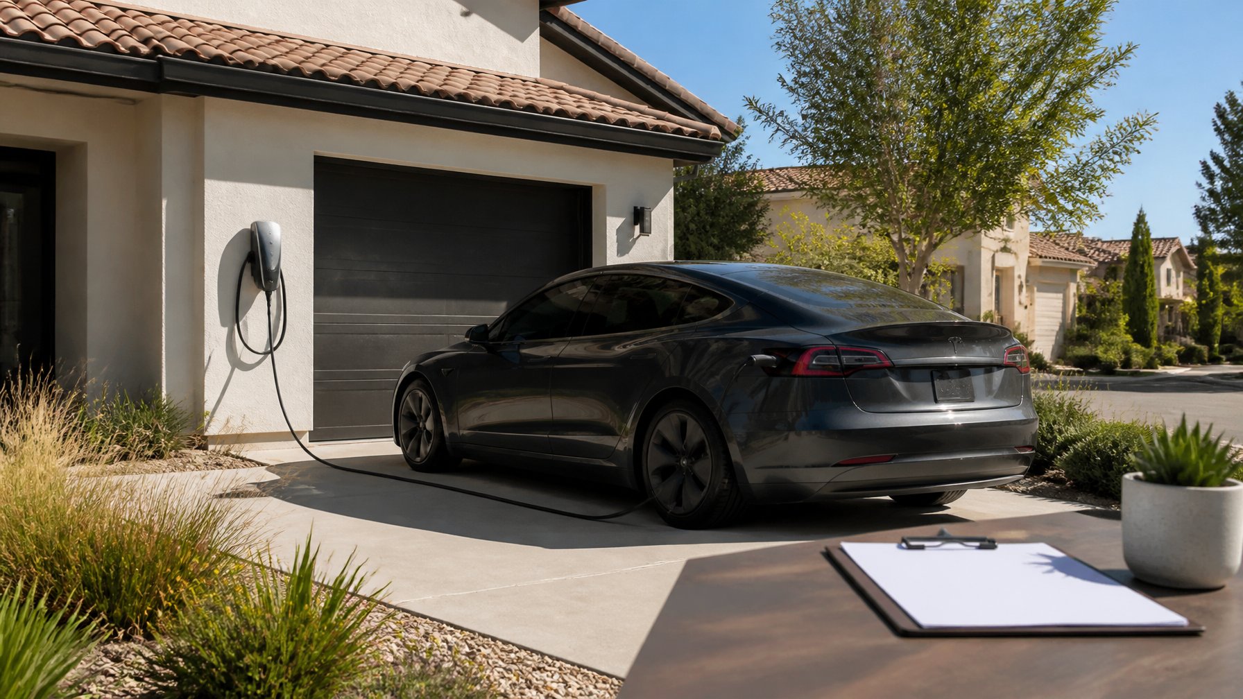 A modern suburban home in Austin with an electric vehicle charging in the driveway and a clipboard with a permit document nearby.