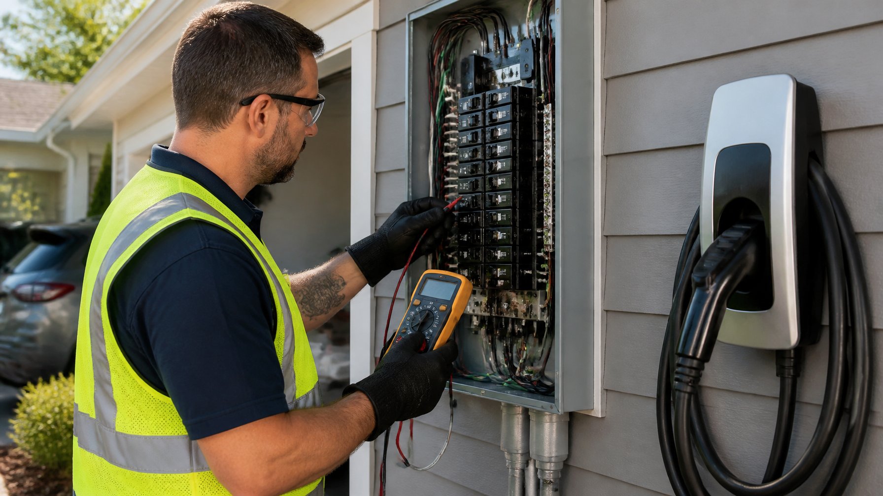 A technician inspecting an open residential electrical panel with an electric vehicle Level 2 charger visible nearby in a suburban home setting.