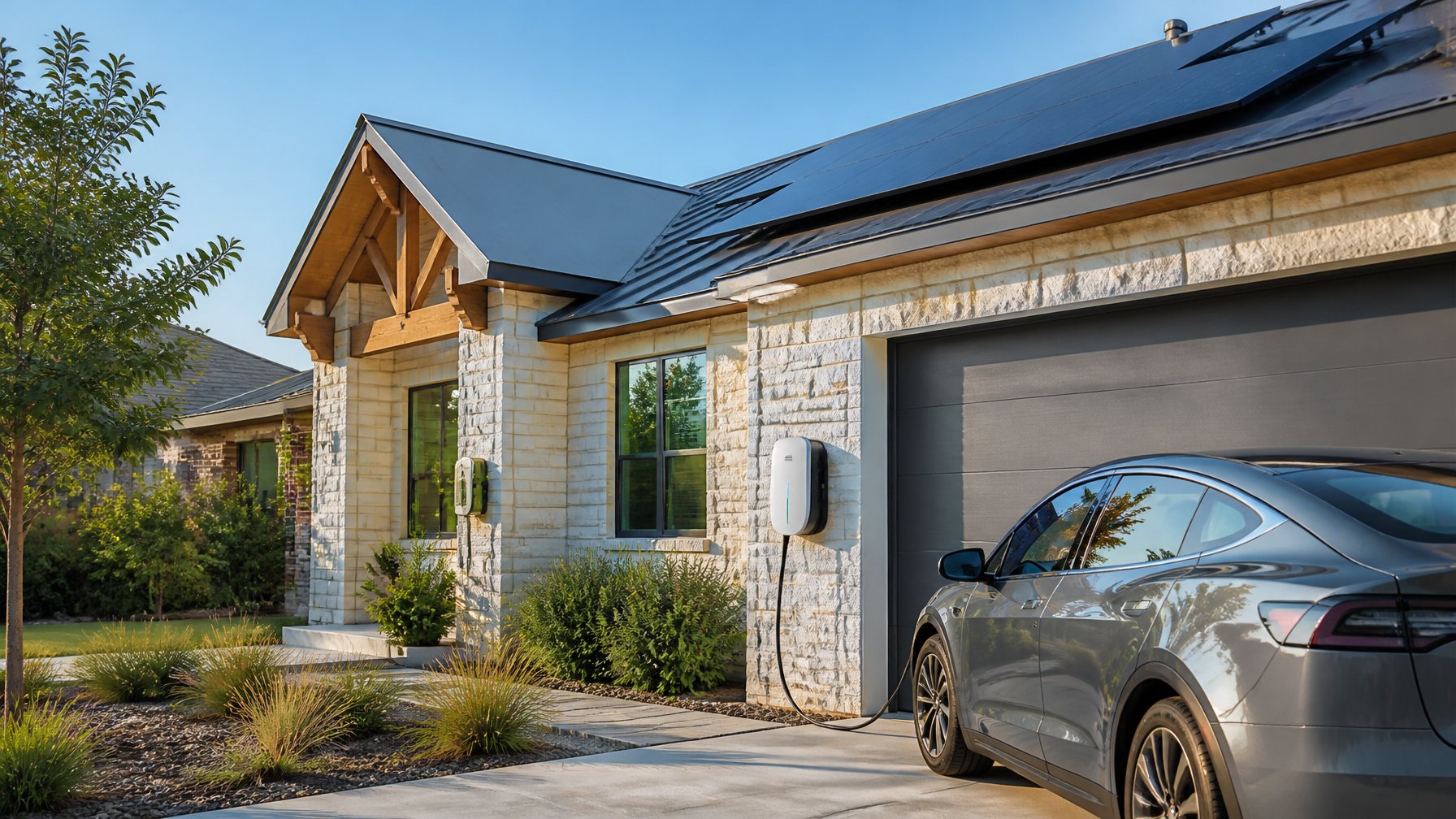 Electric vehicle charging outside a modern home in Austin, Texas, with solar panels visible on the roof.