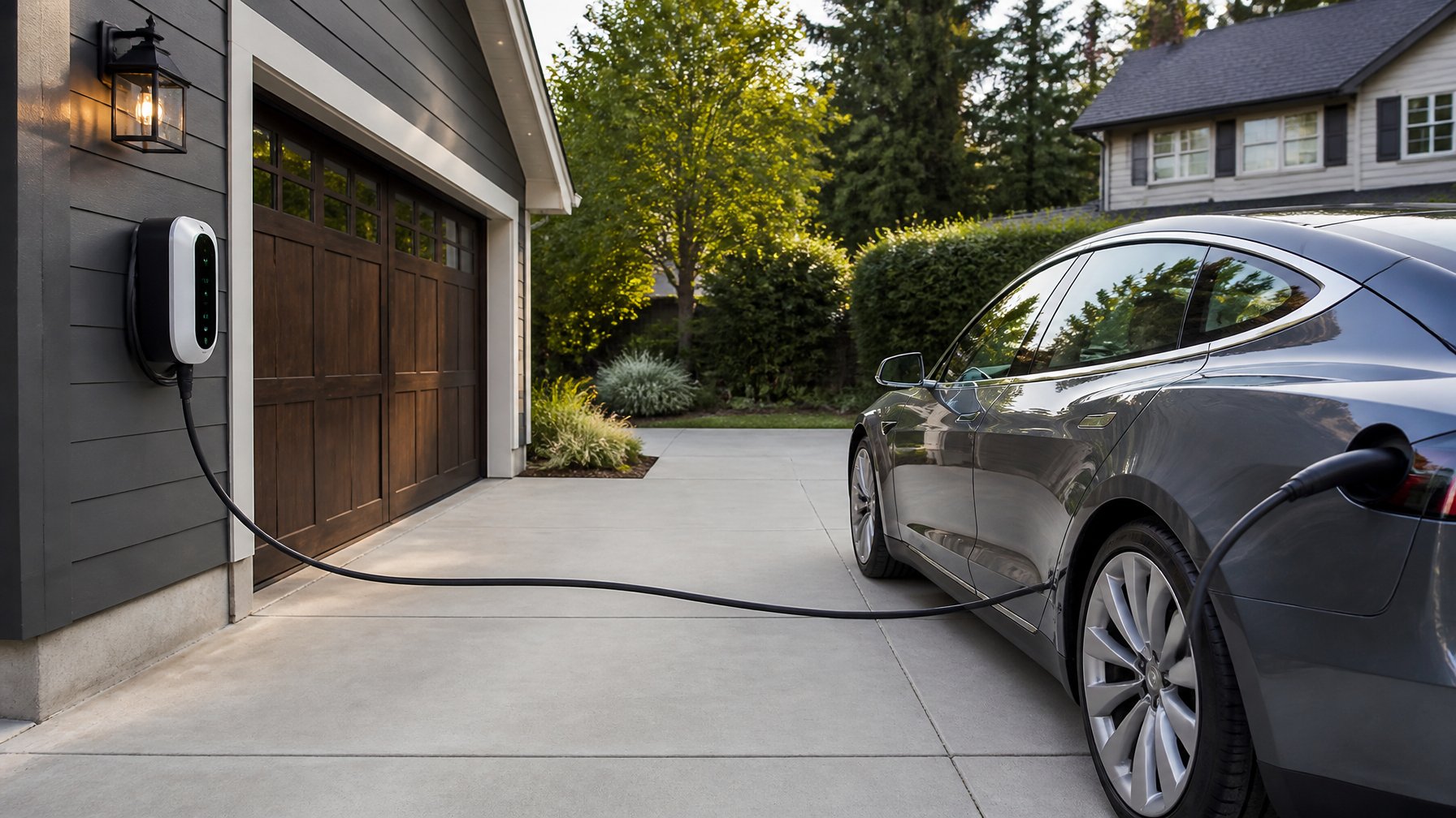 Electric vehicle parked in a driveway charging from a wall-mounted charger on a garage exterior in a residential neighborhood.