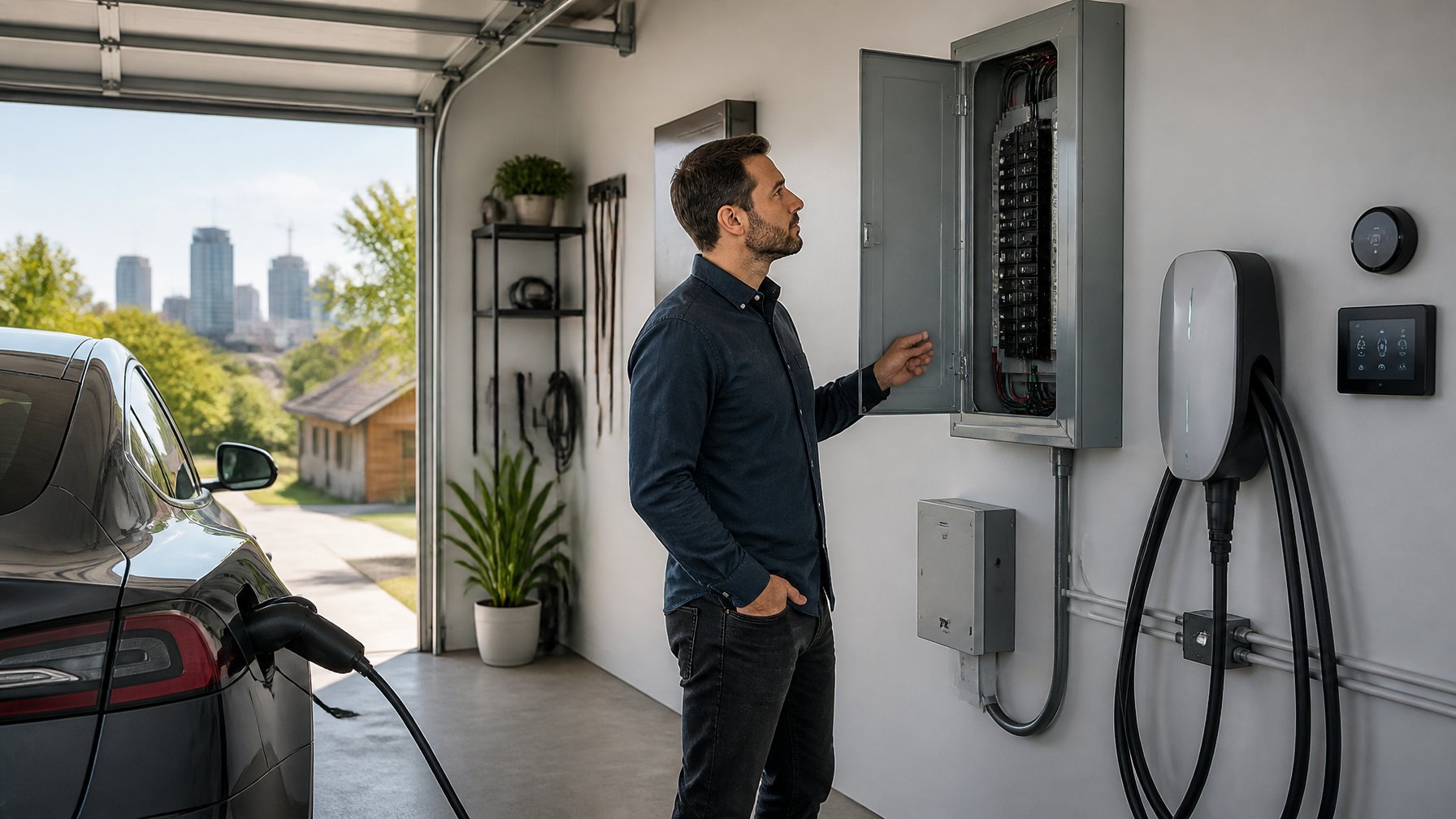 A person inspecting an electrical panel near an electric vehicle charger installed in a home garage.