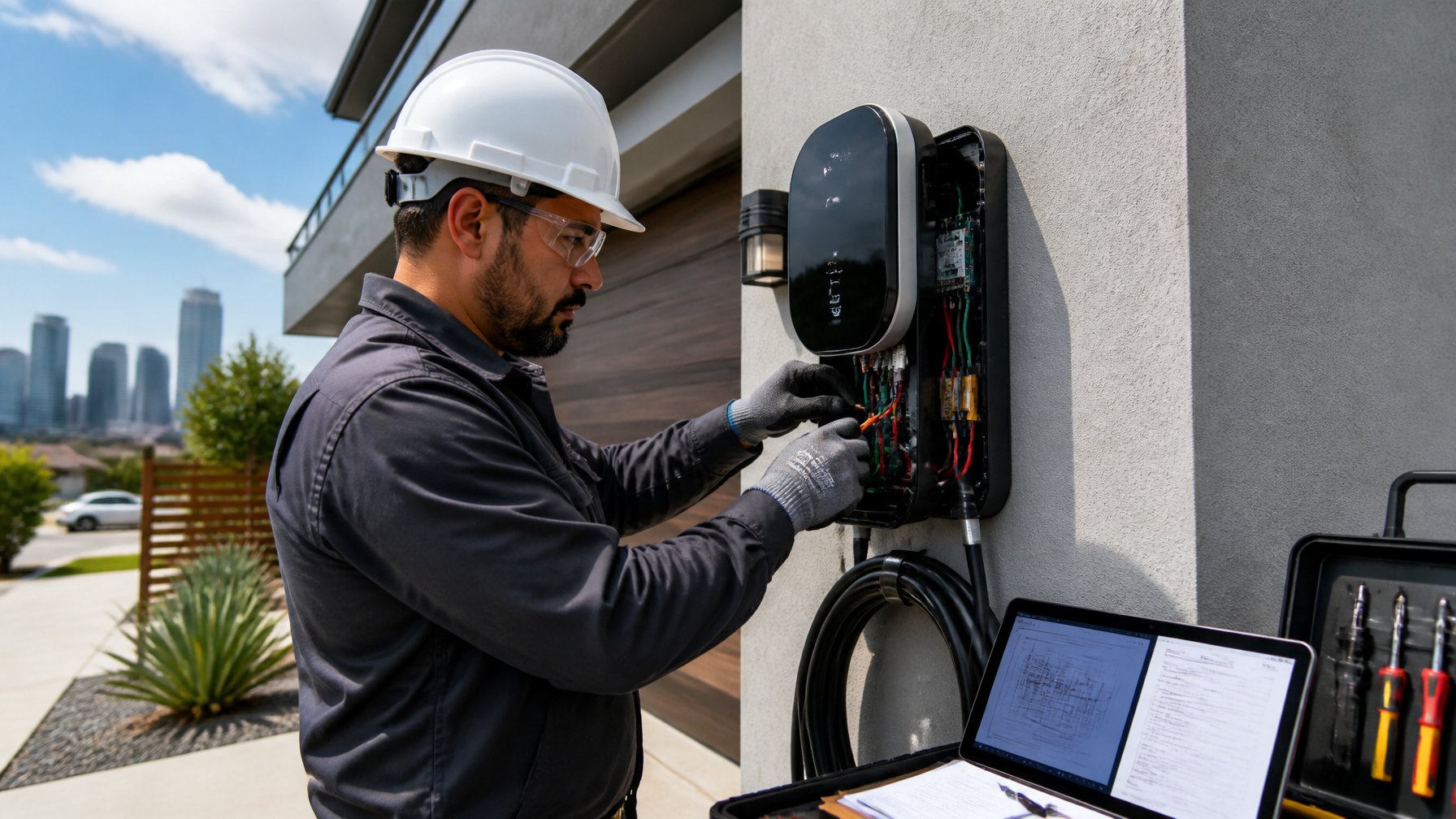 An electrician installing an electric vehicle charger on the exterior wall of a suburban home.
